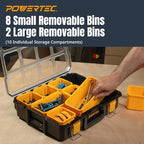POWERTEC Small Parts Organizer & Tool Box – 10 Compartments, IP65 Water & Dust Protection, Stackable Storage with Interlocking Latch, Removable Tray, Clear Lid, Portable Design, 2-Pack (72365-P2)