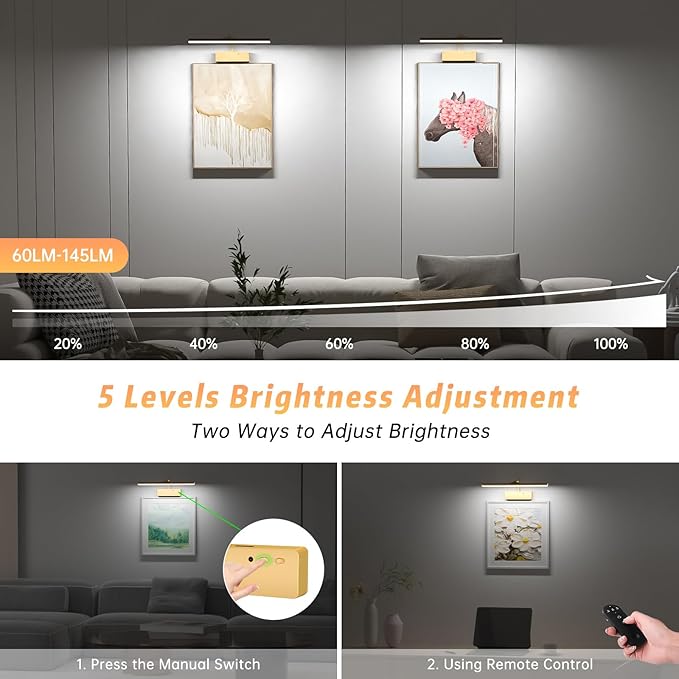 Lightbiz Picture Light 2 Pcs, 15.35inch 5400mAh Rechargeable Picture Lights for Wall Battery Operated Wall Lights with Remote, 3 Colors Paintings Light Dimmable Art Light for Artwork, Gallery (Gold)