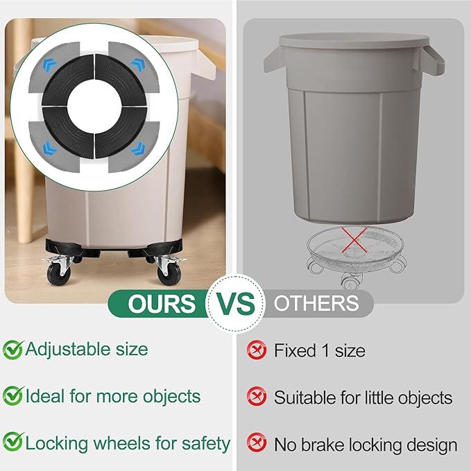 ToLanbbt Trash Can Dolly with 3 in Upgraded Wheels, 15-19 in Adjustable Round Furniture Dolly, Heavy Duty 480 LBS Drum Rolling Base, Keg Dolly for 20, 32, 44, 55 Gallon Garbage Cans, Black, 1 Pack