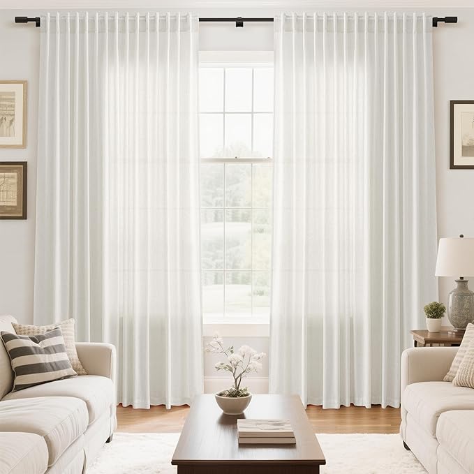 Extra Wide Beige White Curtains 96 Inches Long for Living Room Light Filtering Sheer Curtains for Coastal Room Decor Linen Farmhouse Curtain for Bedroom Back Tab and Rod Pocket 100x96,2 Panels