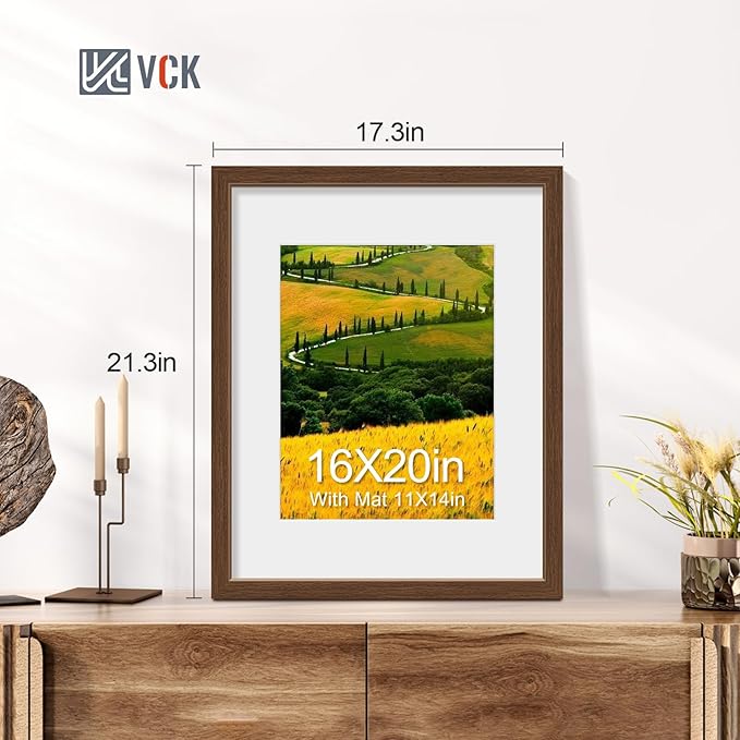 VCK 16x20 Picture Frame 2 Pack - Brown, High-End Wood Poster Frames with Tempered Glass, Display 11x14 Photo with Mat or 16x20 without Mat, Art Gallery-Quality, Wall Hanging, Brown