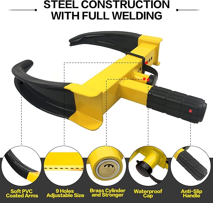 KAYCENTOP Universal Wheel Lock, Security Trailer Wheel Lock Anti Theft Tire Lock, Heavy Duty Wheel Clamp Adjustable for Trailers SUV Golf Cart Boats ATV Great Deterrent Bright Yellow/Black, 3 Keys