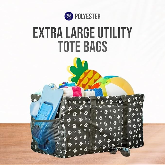 Extra Large Utility Tote Bag - Oversized Collapsible Reusable Wire Frame Rectangular Canvas Basket With Two Exterior Pockets For Beach, Pool, Laundry, Car Trunk, Storage - Dog Paw
