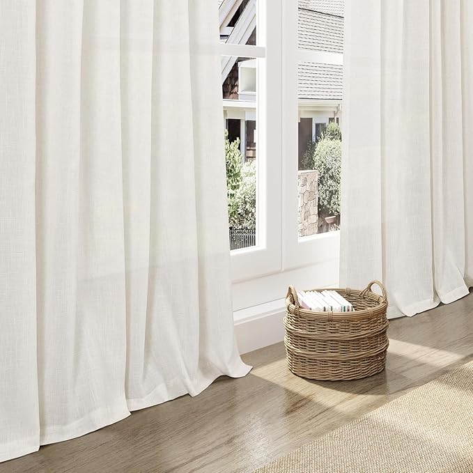 Extra Wide Beige White Curtains 96 Inches Long for Living Room Light Filtering Sheer Curtains for Coastal Room Decor Linen Farmhouse Curtain for Bedroom Back Tab and Rod Pocket 100x96,2 Panels