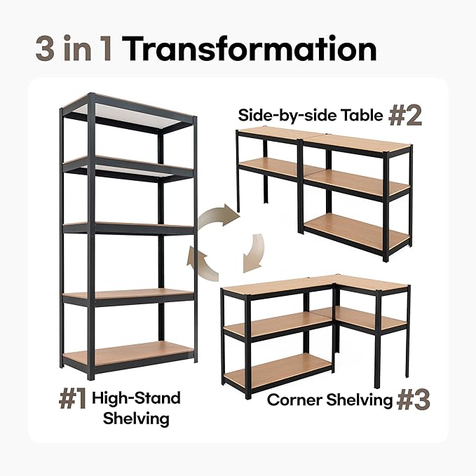 HOMEDANT House 36.2" W 5 Tier Heavy Duty Garage Shelving Adjustable Metal Rack Storage Shelves Standing Shelf Unit Organizers Pantry Closet Office Black 1Pack