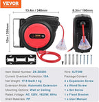 VEVOR 75FT Retractable Extension Cord Reel, 14AWG/3C SJTOW Heavy Duty Power Cord w/Lighted Electrical Triple Tap Outlets, 13A Circuit Breaker,180° Swivel Bracket for Workshop or Garage, Red
