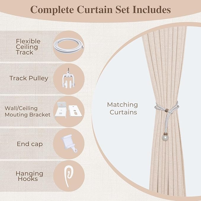 Faux Linen Semi Sheer Room Divider Curtain with Flexible Tracks, Light Filtering Privacy Curtains for Patio Sliding Glass Door, Window or Divider Drapes, Living Room, Beige, 72" W x 72" L,1 Panel
