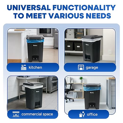 22 Gallon Step-On Trash Can/Container, Black Plastic Dustbin with Lid and Foot Pedal, Hands-Free Disposal