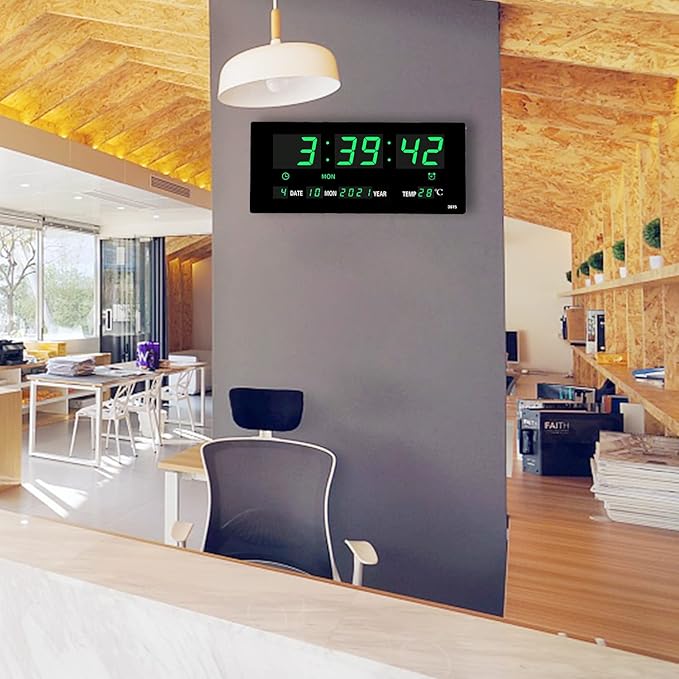 14.1 Inch Oversized LED Digital Wall Clock with Indoor Temperature, Seconds, Date, Day, Memory Function Adapter Included, Wall Decorative for Living Room, Office, Conference Room, Bedroom，Green