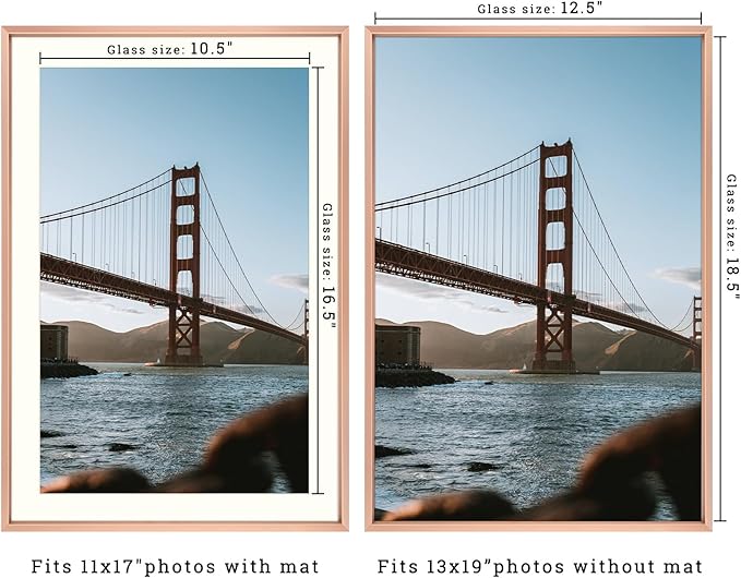 Frametory, 13x19 Metal Picture Frame with Mat for 11x17 Picture & Real Glass, Aluminum Photo Frame Collection (Rose Gold, 2 Pack)