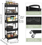 Sywhitta 5-Tier Plastic Rolling Utility Cart with Handle, Multi-Functional Storage Trolley for Office, Living Room, Kitchen, Movable Storage Organizer with Wheels, Black