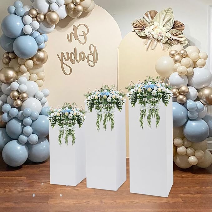 3PCS Metal White Display Pedestal Stand, Square Tall Pedestal Cake Stands Pillars, White Sculpture Display Stand Column Decoration for Wedding Parties Baby Shower Birthday