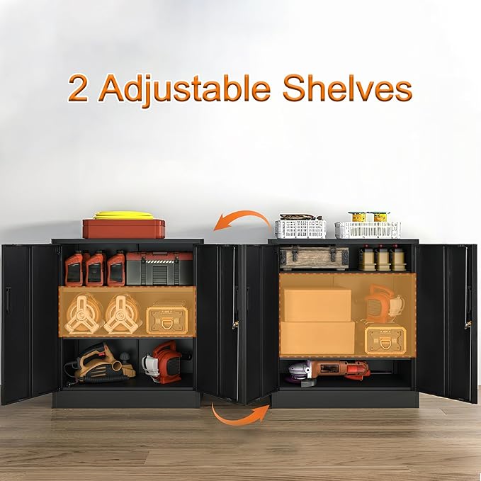 Metal Storage Cabinet, 36" H Locking Storage Cabinet with 2 Adjustable Shelves, Metal Cabinets for Garage, Home, Office, Utility Room-Black
