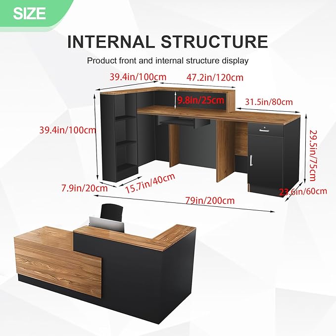 L Shaped Reception Desk with Lockable Drawer and Cable Grommets Front Desk Retail Checkout Counter Table for Salon Lobby Shop Office Reception Room Wood and Black Left 79inch/200cm
