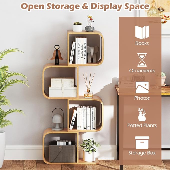 Giantex S-Shaped Bookcase, 4-Tier Bamboo Bookshelf with 4 Open Cubes, Geometric Corner Display Shelf, Decorative Storage Organizer, Floor Storage Rack for Living Room, Home Office, Natural