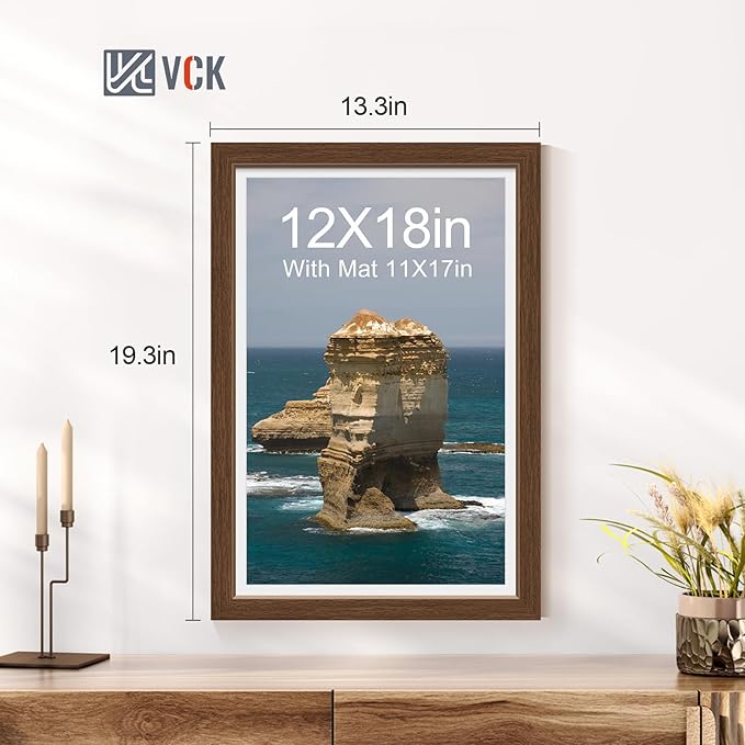 VCK 12x18 Picture Frame 2 Pack - Brown, High-End Wood Poster Frames with Tempered Glass, Display 11x17 Photo with Mat or 12x18 without Mat, Art Gallery-Quality, Wall Hanging, Brown