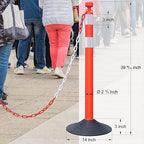 6-Set Pack 40" inch Red White Work Zone Chain Post Set, Traffic Delineator Post Cones, 6 x 6.6' Feet Plastic Chains, Portable Crowd Control Stanchion Set (Red-Rubber Base)
