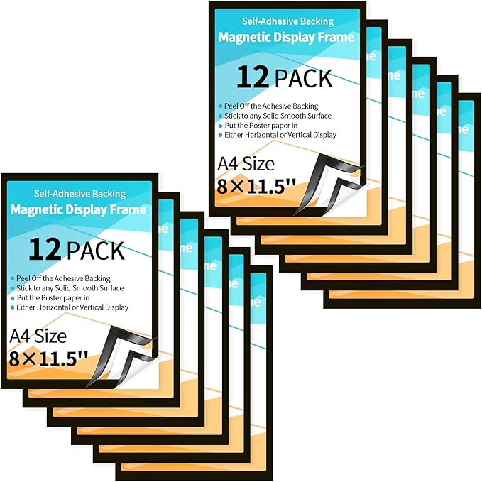 Marspark 12 Pieces 8 x 11.5 Inch Magnetic Sign Holder Magnetic Display Frame Self Adhesive Display Double Sided Picture Frames A4 Notice Window Sign Holder for Refrigerator Office Door Glass