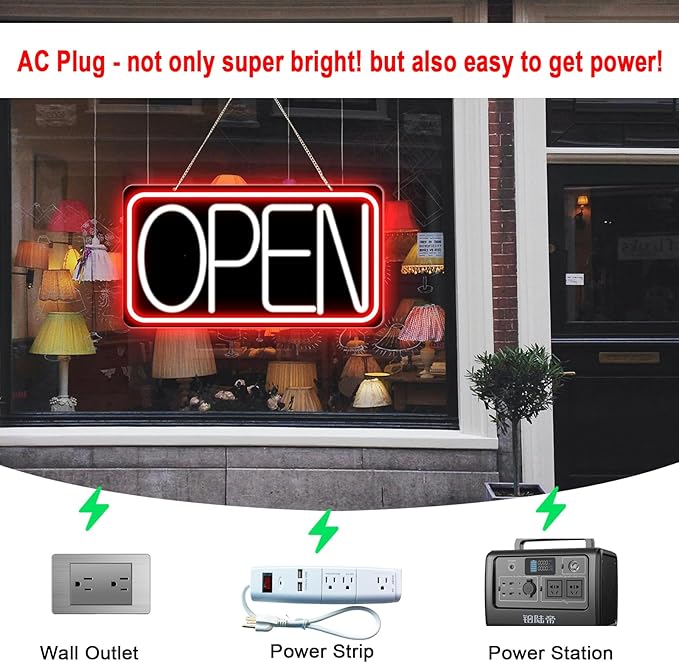 Led Neon Open Signs for Business,16.5"X 9" Ultra Bright Open Signs, Powered by 12V/2A AC Adapter, 6 Levels Adjustable Bright Led Neon Open Sign for Bar Salon Coffee Stores Club Hotel (Black Backplate)