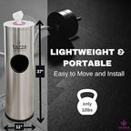 Tazza Gym Wipe Dispenser with Stainless Steel Floor Stand, Built-in Trash Can, Fitness Equipment Wipes Holder, 1.5 Gallon, Silver