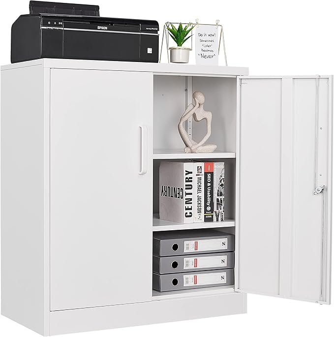 Yizosh Metal Garage Storage Cabinet with 2 Doors and 2 Adjustable Shelves - 35.5" Steel Lockable File Cabinet for Home Office,Garage,Gym,School (White)