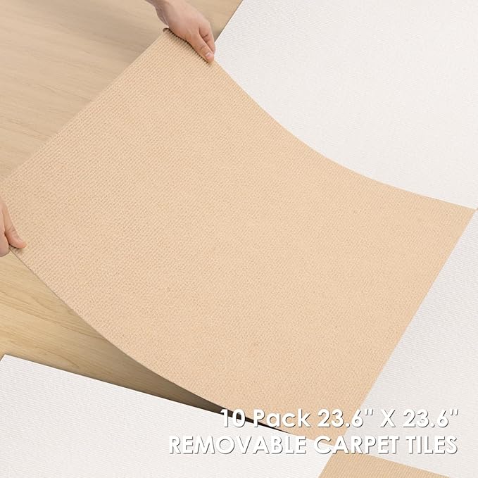 Carpet Tile 10 Pack 24” X 24” Self Adhesive Carpet Floor Tiles Anti-Slip Squares Peel and Stick Floor Tilel DIY Installation for Bedroom(Beige Camel)