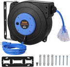 VEVOR Retractable Extension Cord Reel, 50 FT, Heavy Duty 14AWG/3C SJTOW Extension Power Cord with Lighted Triple Tap Outlet, 13A Circuit Breaker 180° Swivel Bracket for Ceiling or Wall Mount, Blue