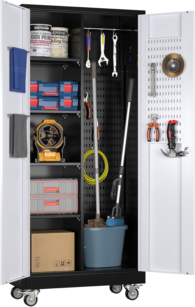 Broom Closet Storage Cabinet with Hanging Rod, 71" H Garage Storage Cabinet with Wheels and Pegboard & 13 Hooks for Garage, Home, Metal Cabinets, Black and White