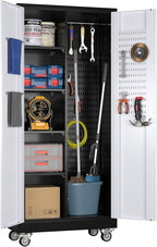 Broom Closet Storage Cabinet with Hanging Rod, 71" H Garage Storage Cabinet with Wheels and Pegboard & 13 Hooks for Garage, Home, Metal Cabinets, Black and White