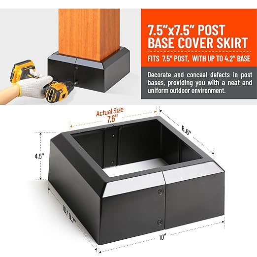 8"x8" (Actual: 7.5"x7.5") Deck Post Base Cover Split, Aluminum Post Base Trim Skirt Decorative Black 1Pack
