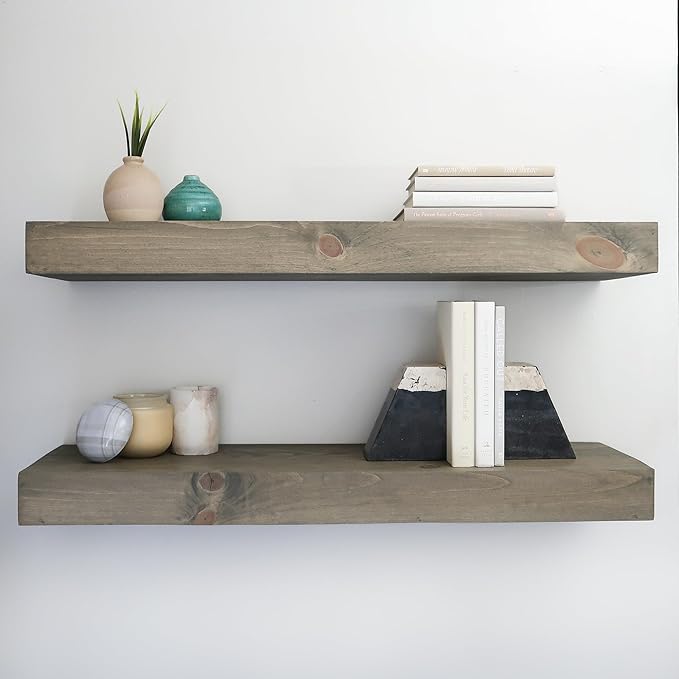 Urbandi Modern Floating Shelves 3 Inches Thick for Wall, Wide Shelves for Kitchen, Living Room, Bedroom, and Bathroom, Natural Pine Wood, Rustic Wooden Shelf, (Set of 2) (Aged Barrel, 24Lx3Hx6D)