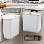 2.4 Gallon Hanging Trash Can - Small Under Sink Trash Can with Lid, Wall Mounted Garbage Bin for Kitchen & Bathroom Cupboard, Odor-Control, Extended Clamping Ring, White