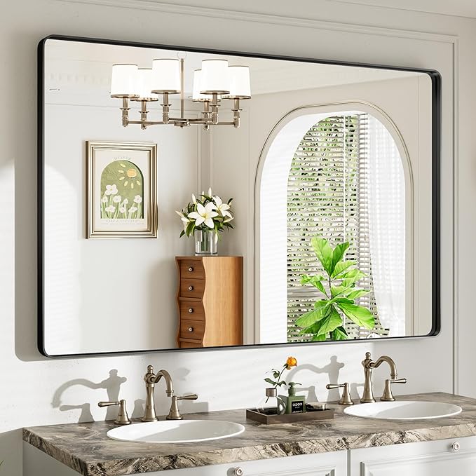 55X36 Black Bathroom Mirror for Over Sink, Metal Framed Vanity Mirror Wall Mounted, Rectangle Mirror for Bedroom Living Room Restroom Entryway, Anti-Rust, HD Tempered Glass