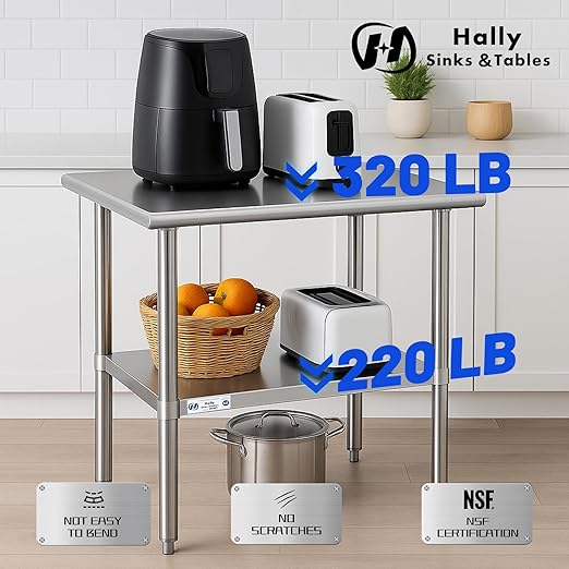 Hally Stainless Steel Table for Prep & Work 14 x 30 Inches, NSF Commercial Heavy Duty Table with Undershelf and Galvanized Legs for Restaurant, Home and Hotel