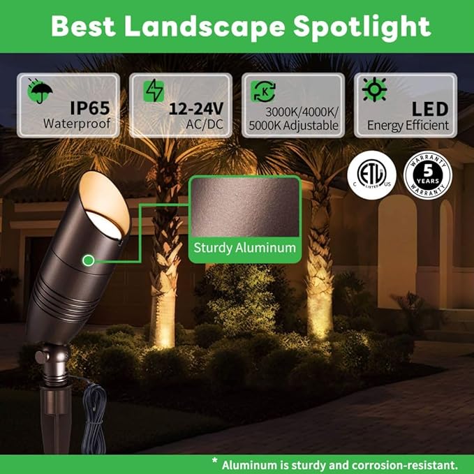 Low Voltage Spot Lights, Outdoor LED Landscape Lighting in Waterproof Aluminum ORB, 3CCT Adjustable Color Temperature for Garden Patio Enhancing Beauty and Security of Home Exterior 10 Pack
