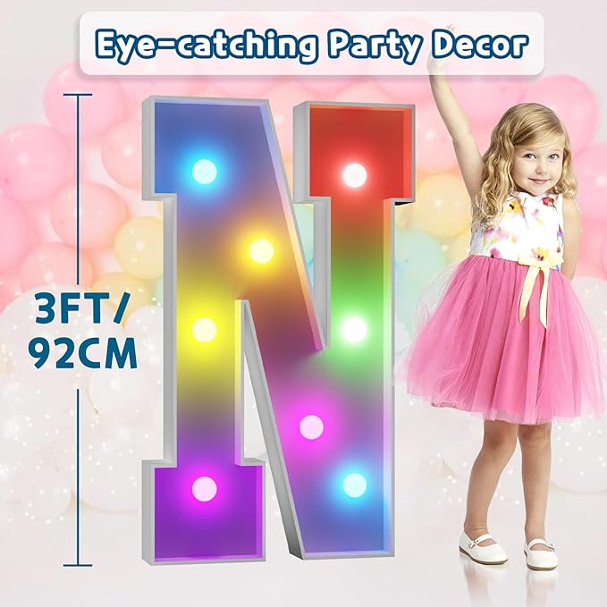 imprsv 3FT Colorful Marquee Letters N, 18 Colors Large Light up Letters Alphabet Sign with Remote, Big Marry Me Sign, Birthday Party Decorations Anniversary Wedding Decoration