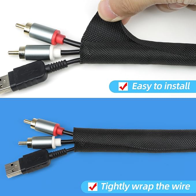 Automotive Wire Loom Tubing, Split Braided Cord Protectors from Pets No Chew, Flexible Cable Sleeve Cable Management for TV/Computer/Electric Wires (Black, 1"-25ft)