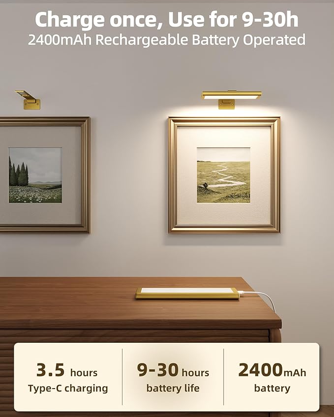 EZVALO Picture Light for Wall, Rechargeable 2400mAh Battery Lights Wireless Remote, 3 Color & Dimmable Magnetic 8'' LED Lights Display for Painting, Living Room, Gallery, Bedroom, Dashboard(Gold-3P)