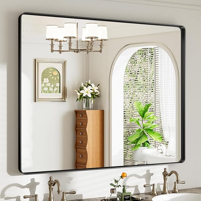 44X36 Black Bathroom Mirror for Over Sink, Metal Framed Vanity Mirror Wall Mounted, Rectangle Mirror for Bedroom Living Room Restroom Entryway, Anti-Rust, HD Tempered Glass