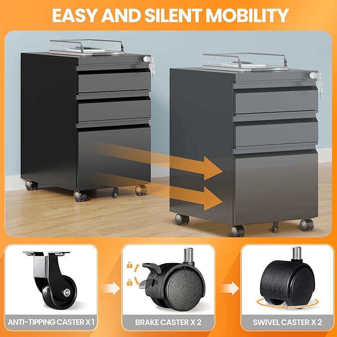 3 Drawer Mobile File Cabinet with Lock, Rolling Filing Cabinets for Home Office, Under Desk Small File Cabinet Three Drawers for Legal/Letter/A4 File, Black - Assembly Required