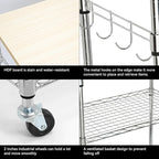 Chrome 3-Tier Rolling Kitchen Cart with Wheels 14" D x 24" W x 34" H and Wood Board Tabletop and 4 Hooks, 300 Pound Capacity, Great for Coffee Cart, Food Service Cart or Utinity and More.