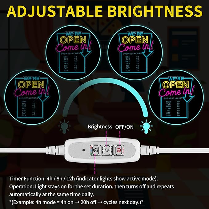 MissAudrey Open Neon Sign for Business with Cycle Timer,We're Open Come In Business Hours Neon Sign with Dimmable for Store front Window Shop Store Bar Salon Cafes Pubs Hotel Wall Decor