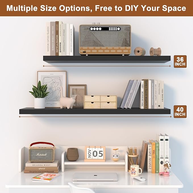 12 Inch Deep Floating Shelves for Wall 2 Pack Floating Shelfs Large Storage Space Wall Decor Display Shelf for Bathroom Living Room Bedroom Kitchen 36" W x 12" D x 1.2" H Black