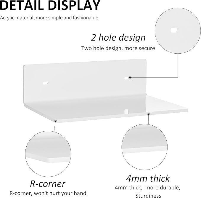 9 Inches Acrylic Wall Shelves 2 Pack, Floating Shelf for Wall Mounting, Acrylic Display Ledges for Funko Pop Figures, Home Décor, Living Room, Gaming Room, Plants(9 inch, White)