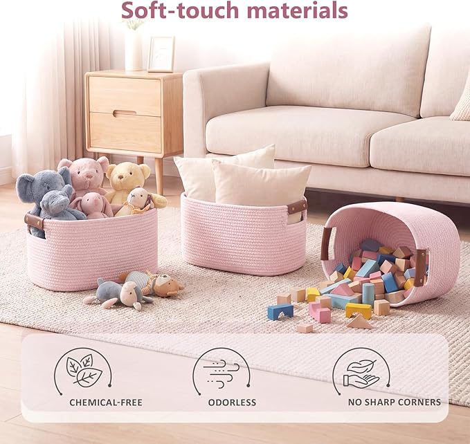 Cotton Rope Basket, Storage Baskets with Handle, 15x10x9 Inch Woven Basket for Shelves, Laundry, Towels, Clothes, Books (Light/Pink 1Pack)