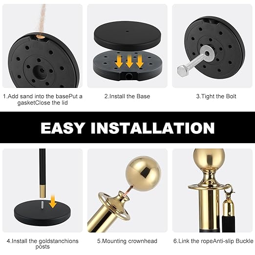 6Pack Stanchions and Velvet Ropes, 5 ft Black Velvet Rope and Poles Set, Black-Gold Stainless Steel Stanchion Posts Crowd Control Barriers for Red Carpet Runner Party Supplies