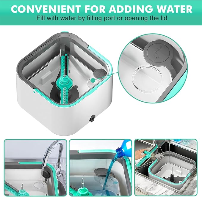Upgraded Spin Mop and Bucket System Set, Self Separate Clean and Dirty Water, Foldable Square Standing Mop Head with Microfiber Mop Pads, Detachable Bucket (White+Blue, Mop Set with 2PC Pads)