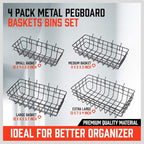 HORUSDY Peg Board Bins and Baskets | 4 Pack | Square Style 4 Size Pegboard Baskets and Pegboard Bins for Organize Workbenches, Accessories