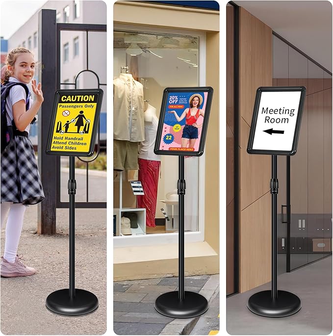 6Packs Adjustable Pedestal Sign Holder Stand 8.5''x11'', Floor Standing Poster Sign Stand for Vertical/Horizontal View Sign stand,Outdoor/Indoor Standing Sign Holders(Black, Round)