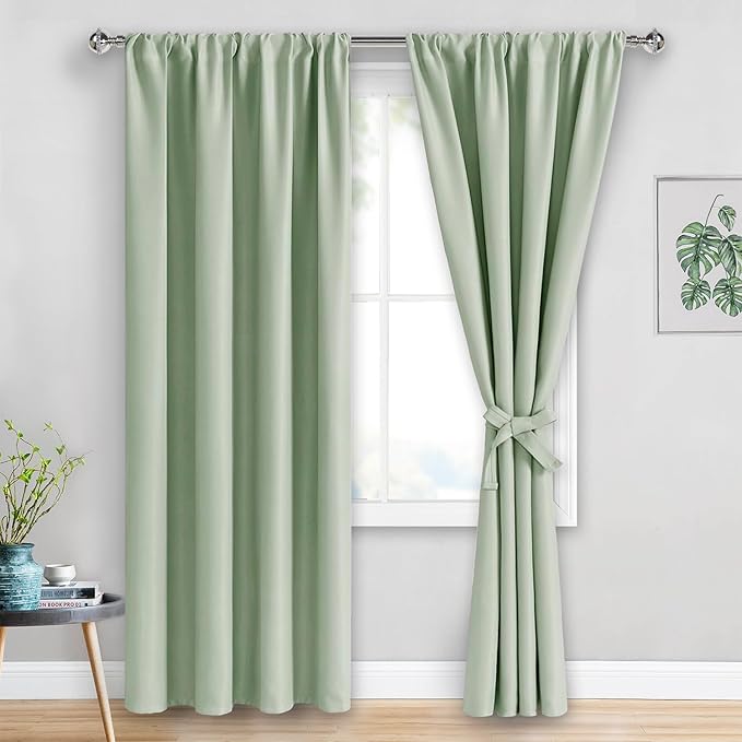 JIUZHEN Blackout Curtains for Bedroom - Thermal Insulated Room Darkening Rod Pocket Curtains for Living Room, Set of 2 Panels with Tiebacks, 42 x 84 Inch Length, Light Green